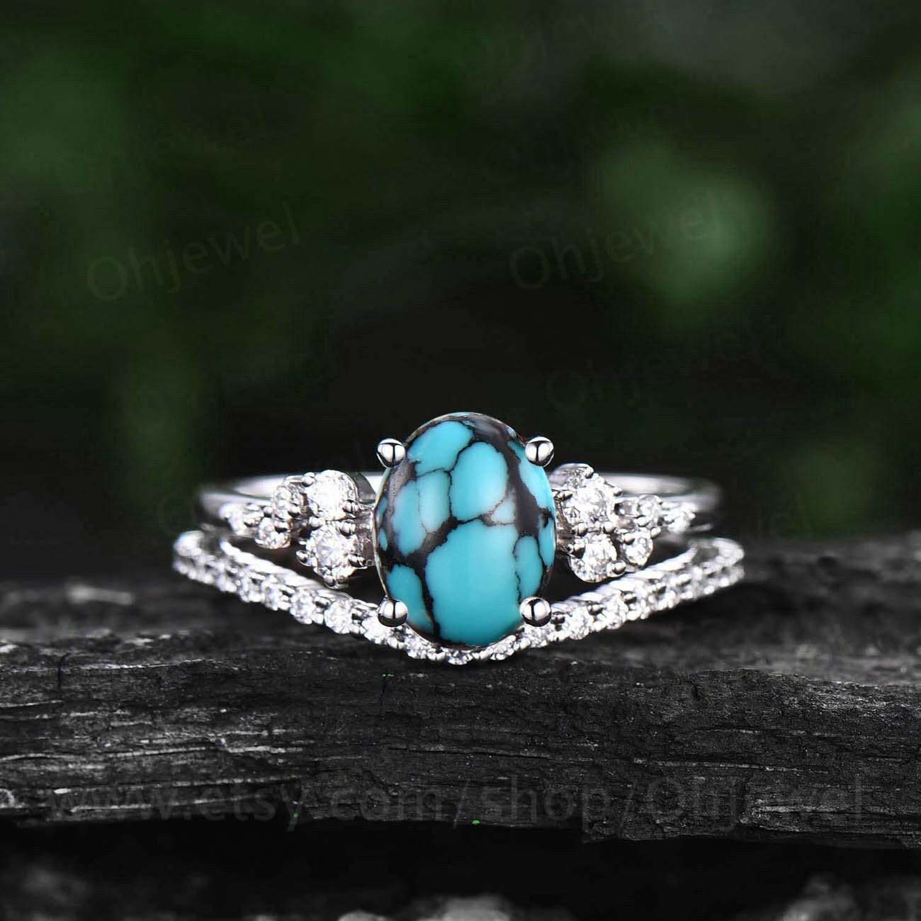 Vintage oval natural turquoise engagement ring set white gold alternative unique snowdrift engagement ring diamond bridal ring set for women
