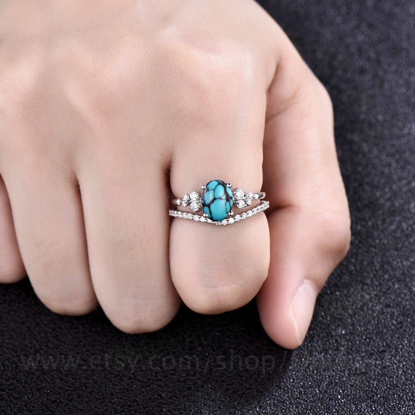 Vintage oval natural turquoise engagement ring set white gold alternative unique snowdrift engagement ring diamond bridal ring set for women