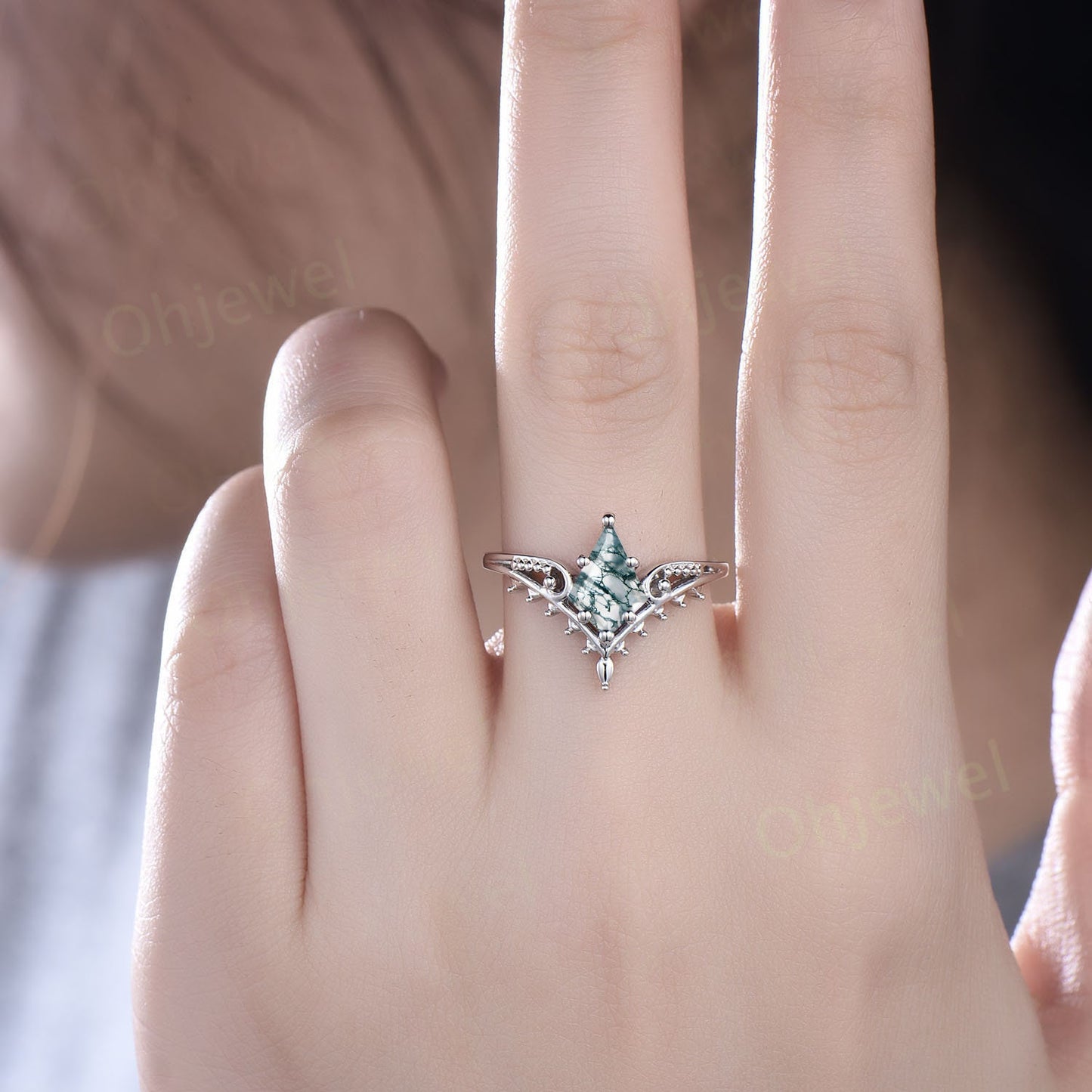 Vintage style kite cut green moss agate engagement ring 14k rose gold unique split shank Solitaire engagement ring women promise ring her