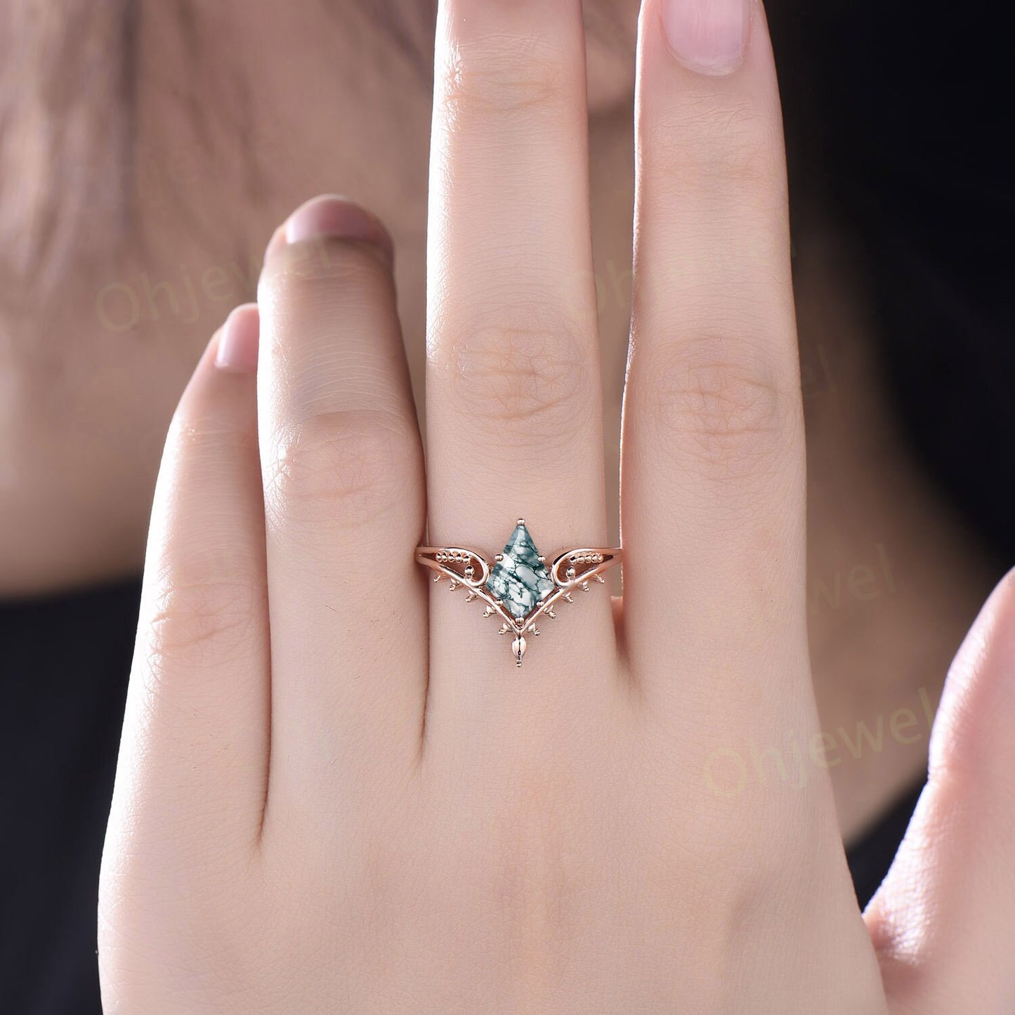 Vintage style kite cut green moss agate engagement ring 14k rose gold unique split shank Solitaire engagement ring women promise ring her