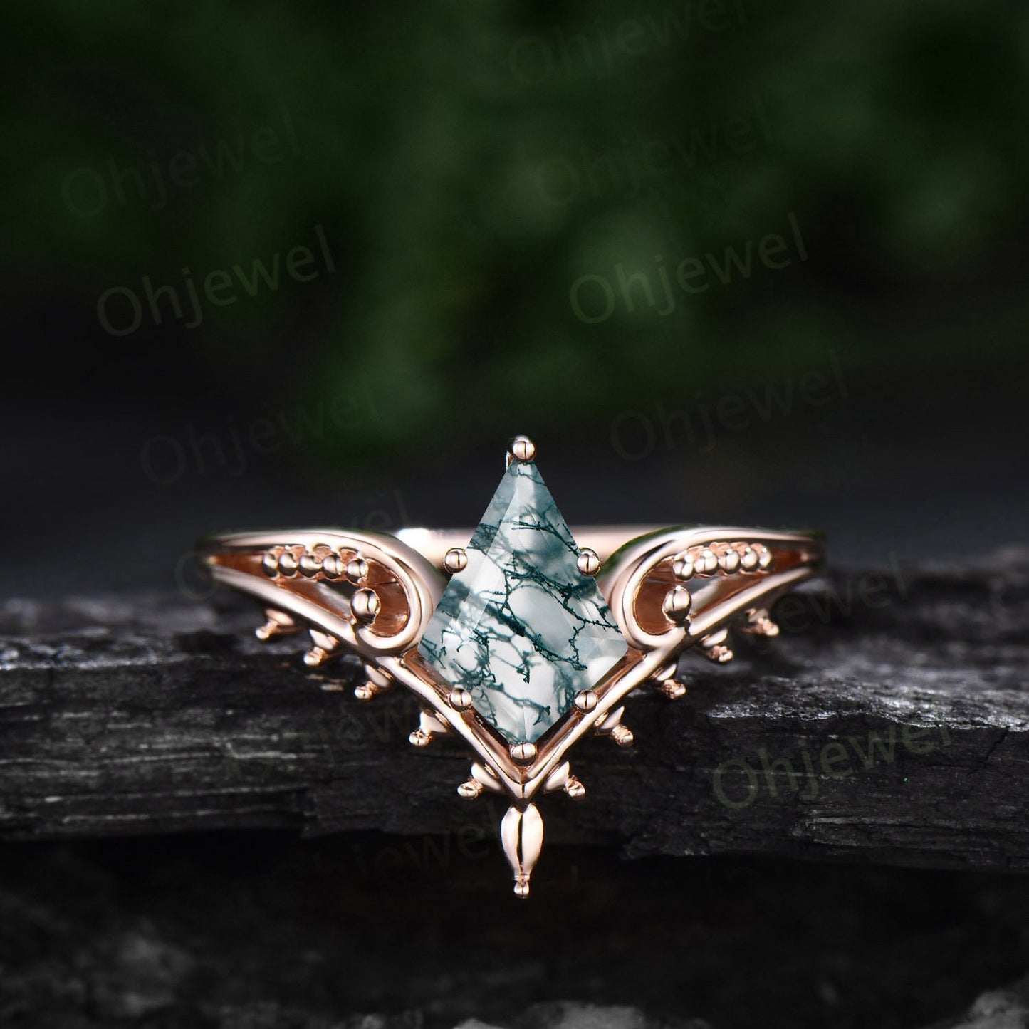 Vintage style kite cut green moss agate engagement ring 14k rose gold unique split shank Solitaire engagement ring women promise ring her