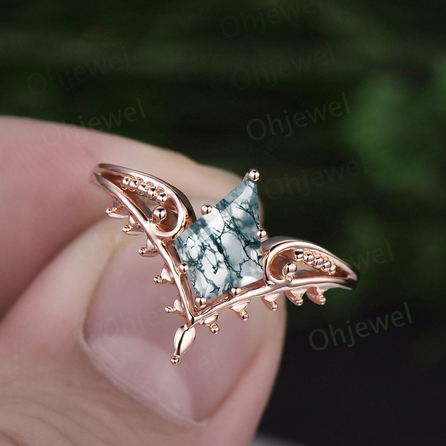 Vintage style kite cut green moss agate engagement ring 14k rose gold unique split shank Solitaire engagement ring women promise ring her
