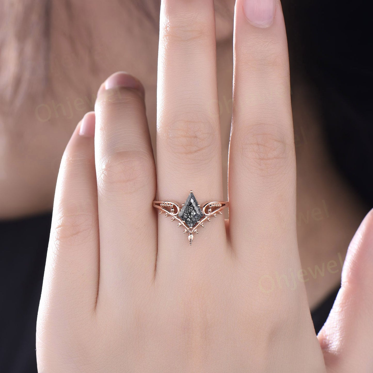 Vintage style kite cut black rutilated quartz ring unique split shank Solitaire engagement ring 14k rose gold women promise wedding ring