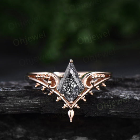 Vintage style kite cut black rutilated quartz ring unique split shank Solitaire engagement ring 14k rose gold women promise wedding ring