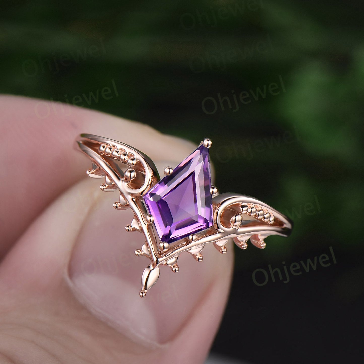 Vintage style kite cut purpleAmethyst ring unique split shank Solitaire engagement ring 14k rose gold antique promise wedding ring women