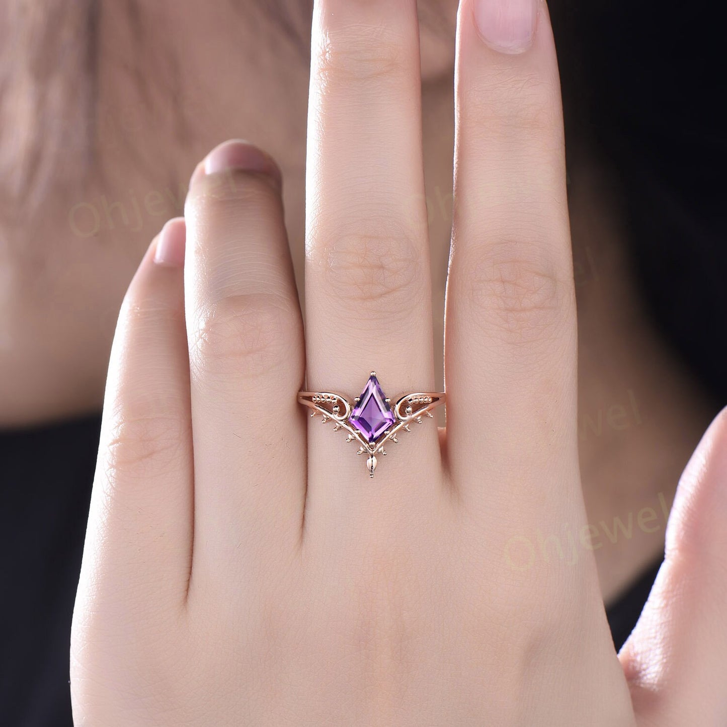Vintage style kite cut purpleAmethyst ring unique split shank Solitaire engagement ring 14k rose gold antique promise wedding ring women