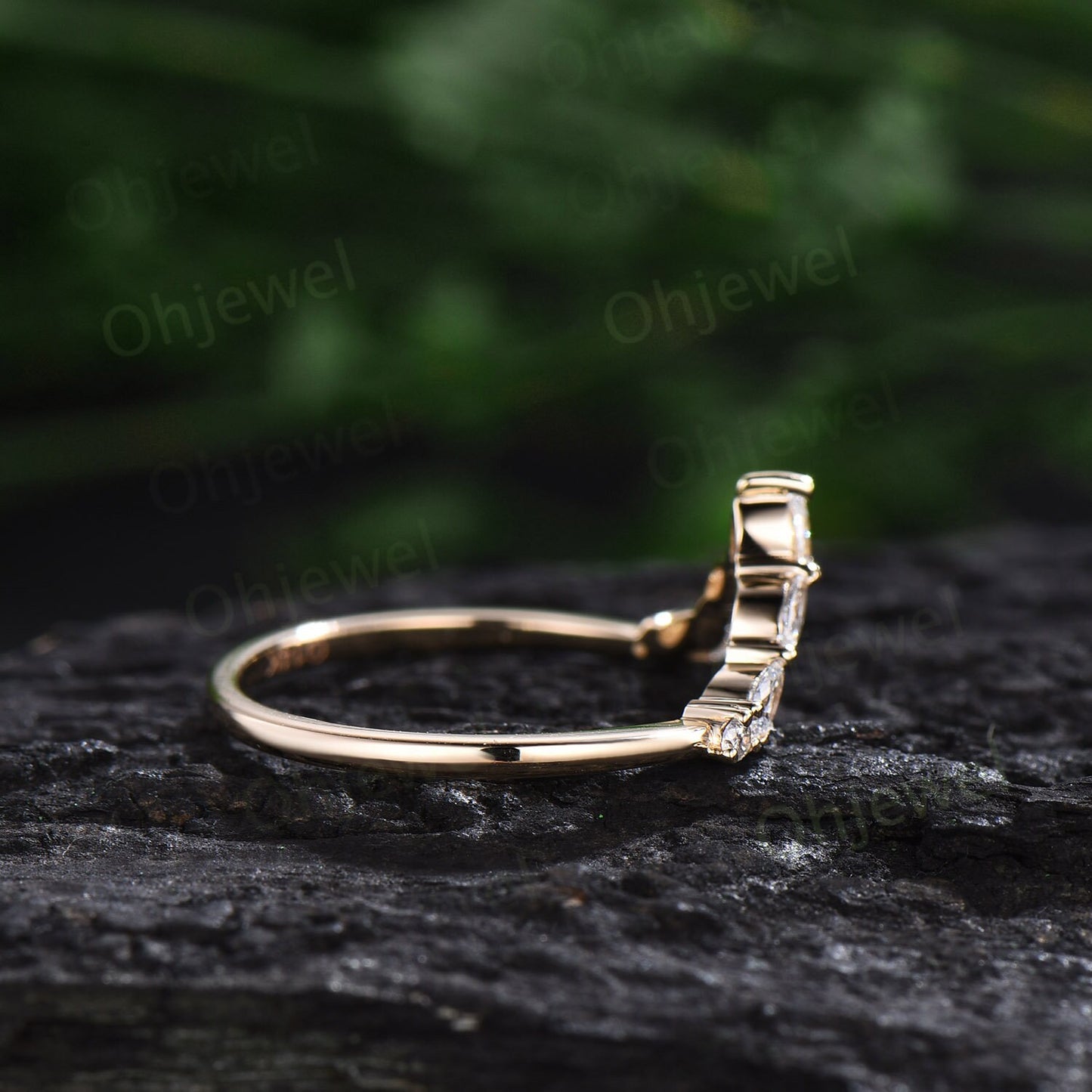 Curved marquise cut diamond wedding band 14k yellow gold pear shaped moissanite wedding ring band stacking unique anniversary ring gift