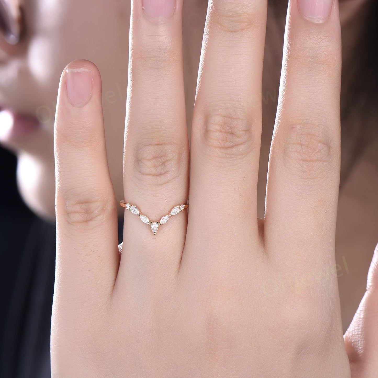Curved marquise cut diamond wedding band 14k yellow gold pear shaped moissanite wedding ring band stacking unique anniversary ring gift