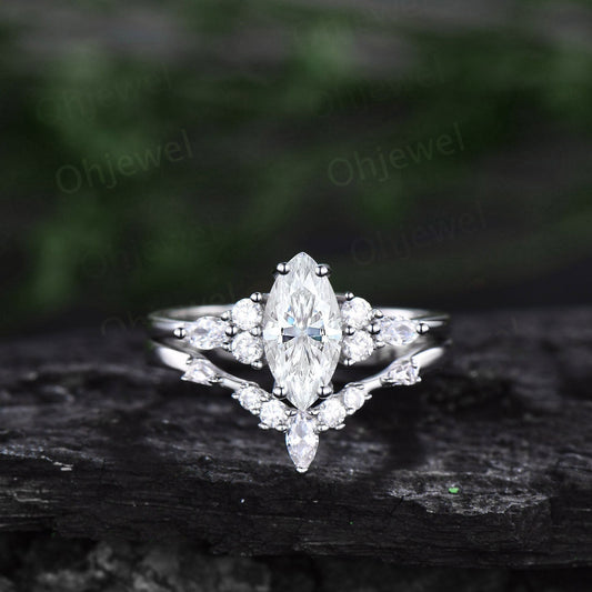 1ct Marquise cut Moissanite engagement ring set 14k white gold silver art deco baguette cut ring unique anniversary promise ring set women