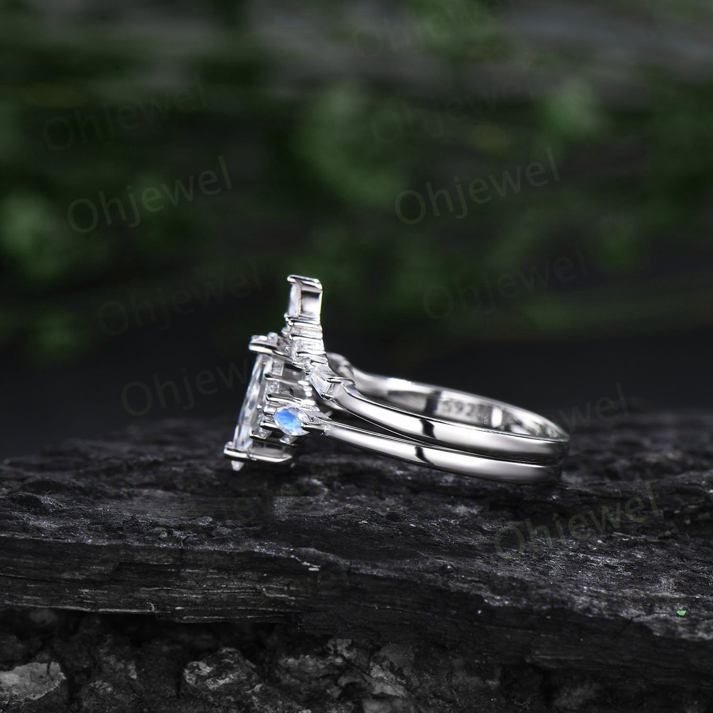1ct Marquise cut Alexandrite ring vintage unique engagement ring set white gold silver moonstone opal ring baguette moissanite ring women