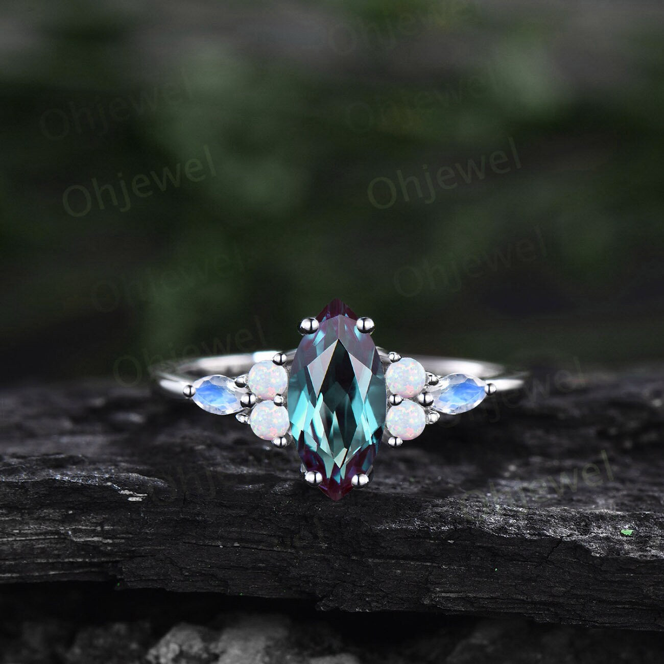 1ct Marquise cut Alexandrite ring vintage unique engagement ring set white gold silver moonstone opal ring baguette moissanite ring women
