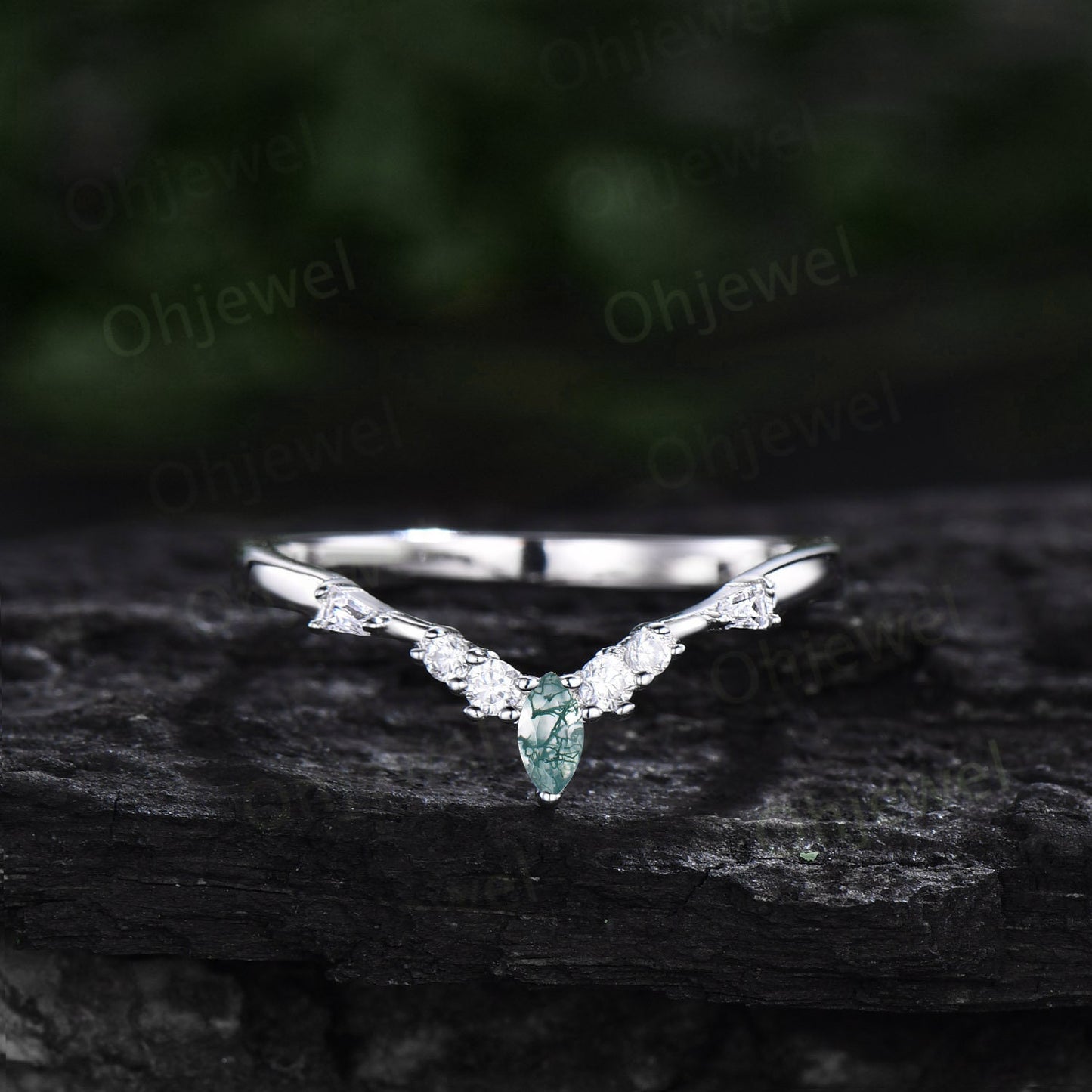 1ct Marquise cut Green moss agate ring vintage unique engagement ring set white gold silver baguette cut moissanite wedding ring set women