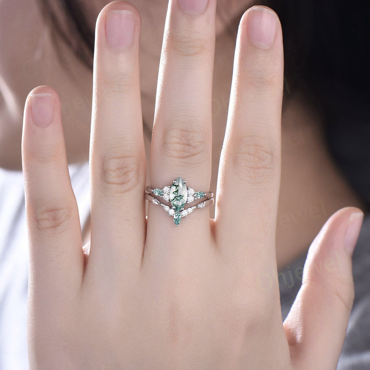 1ct Marquise cut Green moss agate ring vintage unique engagement ring set white gold silver baguette cut moissanite wedding ring set women