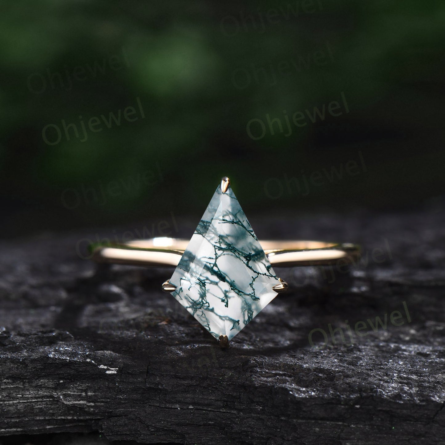 7x10mm kite cut green moss agate ring 14k yellow gold unique Solitaire engagement ring set for women Minimalist moissanite wedding ring band
