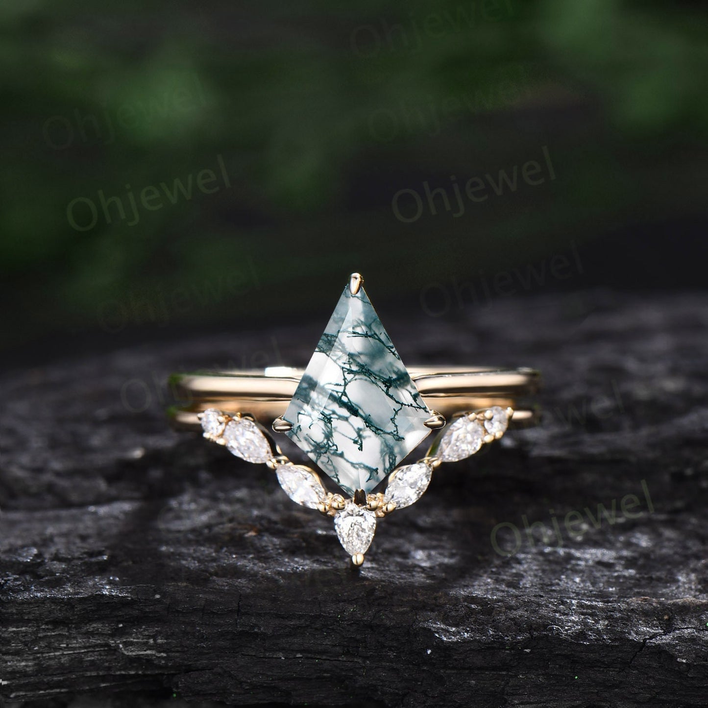 7x10mm kite cut green moss agate ring 14k yellow gold unique Solitaire engagement ring set for women Minimalist moissanite wedding ring band