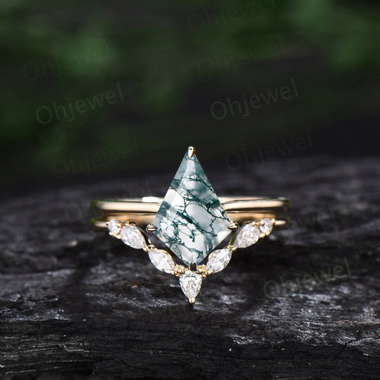 7x10mm kite cut green moss agate ring 14k yellow gold unique Solitaire engagement ring set for women Minimalist moissanite wedding ring band