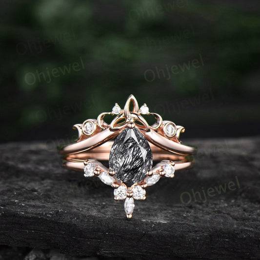 Pear shaped black rutilated quartz ring rose gold vintage cluster unique engagement ring art deco diamond promise wedding ring set for women