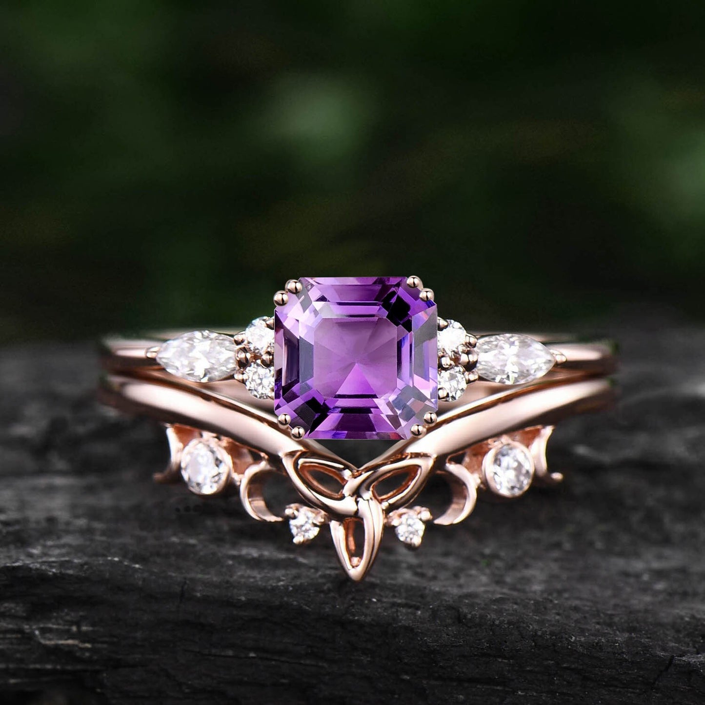 Asscher cut natural purple Amethyst engagement ring set solid 14k rose gold art deco unique diamond wedding bridal ring set women jewelry