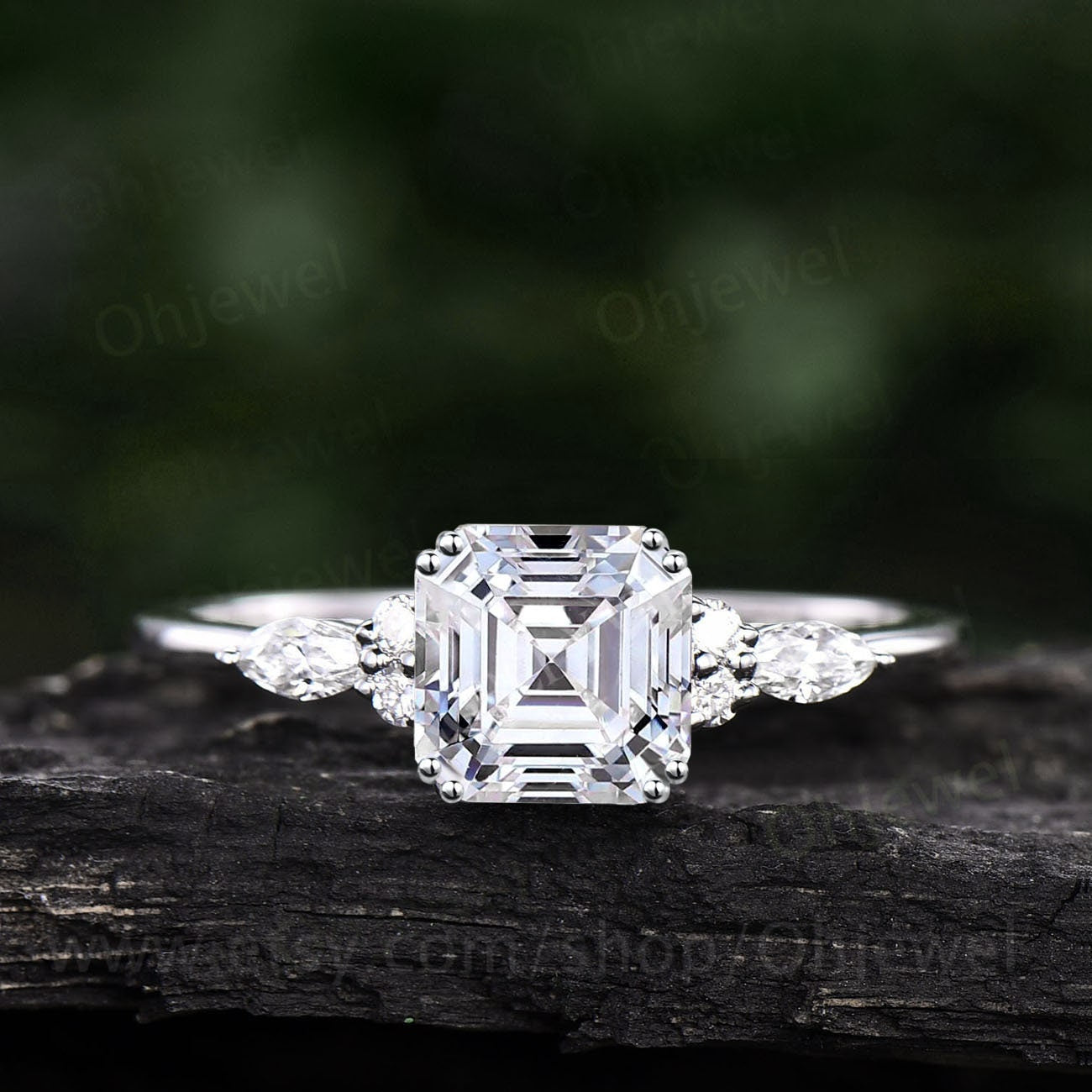 Asscher cut moissanite engagement ring set solid 14k rose gold art deco unique diamond wedding bridal ring set for women fine jewelry gift