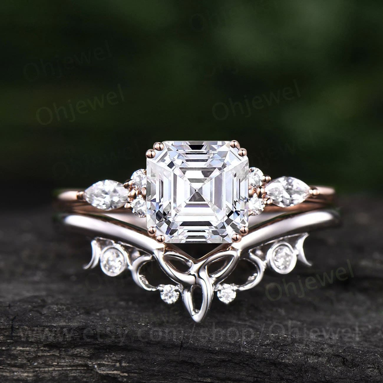 Asscher cut moissanite engagement ring set solid 14k rose gold art deco unique diamond wedding bridal ring set for women fine jewelry gift
