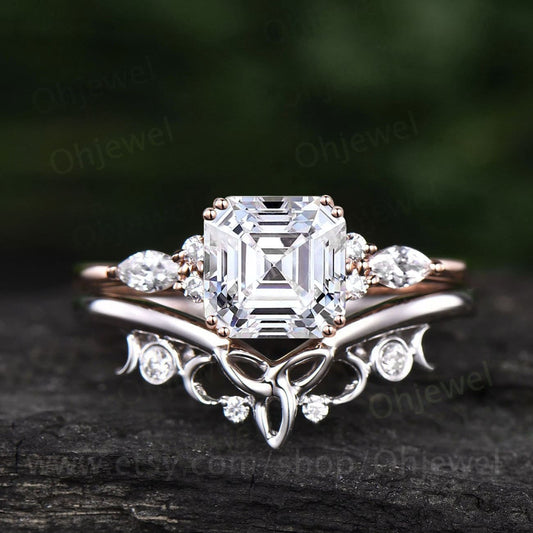 Asscher cut moissanite engagement ring set solid 14k rose gold art deco unique diamond wedding bridal ring set for women fine jewelry gift
