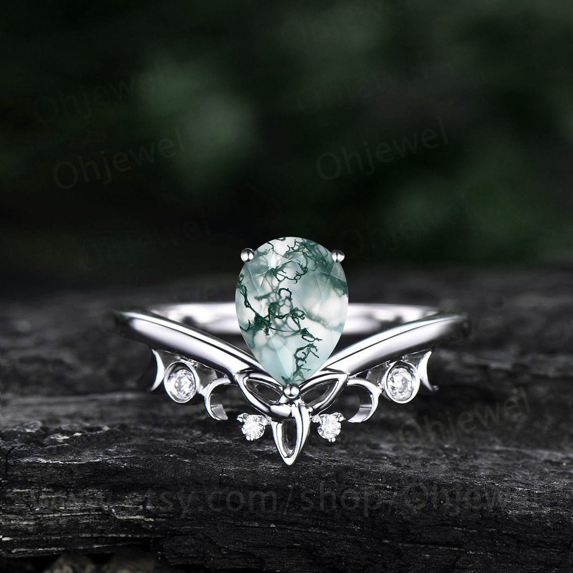 Unique wedding ring set pear shaped green moss agate engagement ring set vintage diamond ring set rose gold women cluster marquise cut ring
