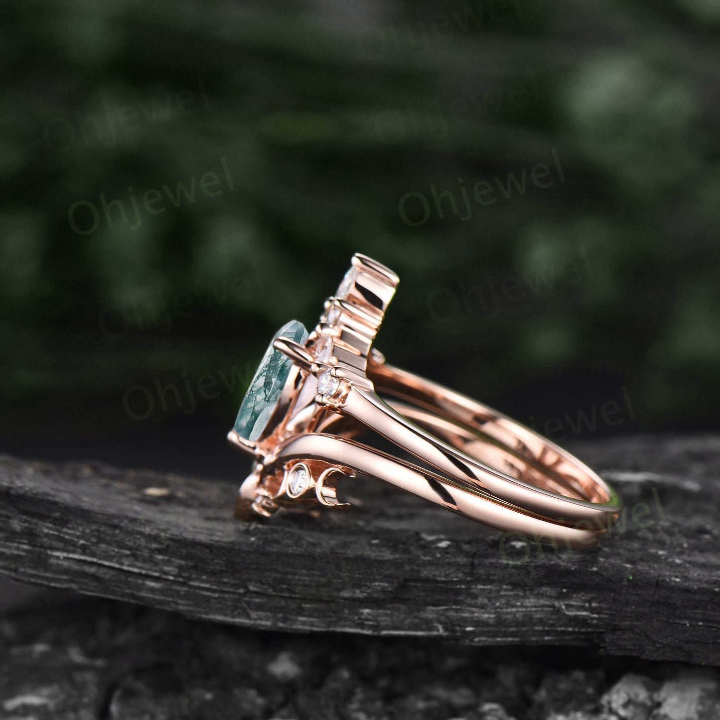 Unique wedding ring set pear shaped green moss agate engagement ring set vintage diamond ring set rose gold women cluster marquise cut ring