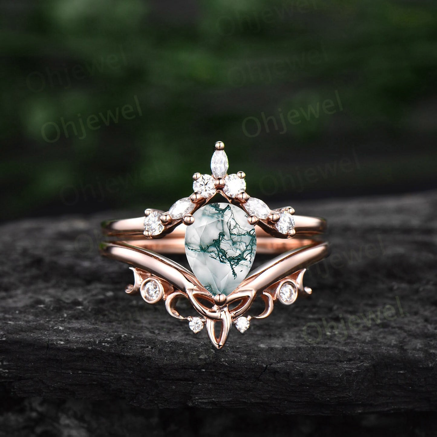 Unique wedding ring set pear shaped green moss agate engagement ring set vintage diamond ring set rose gold women cluster marquise cut ring