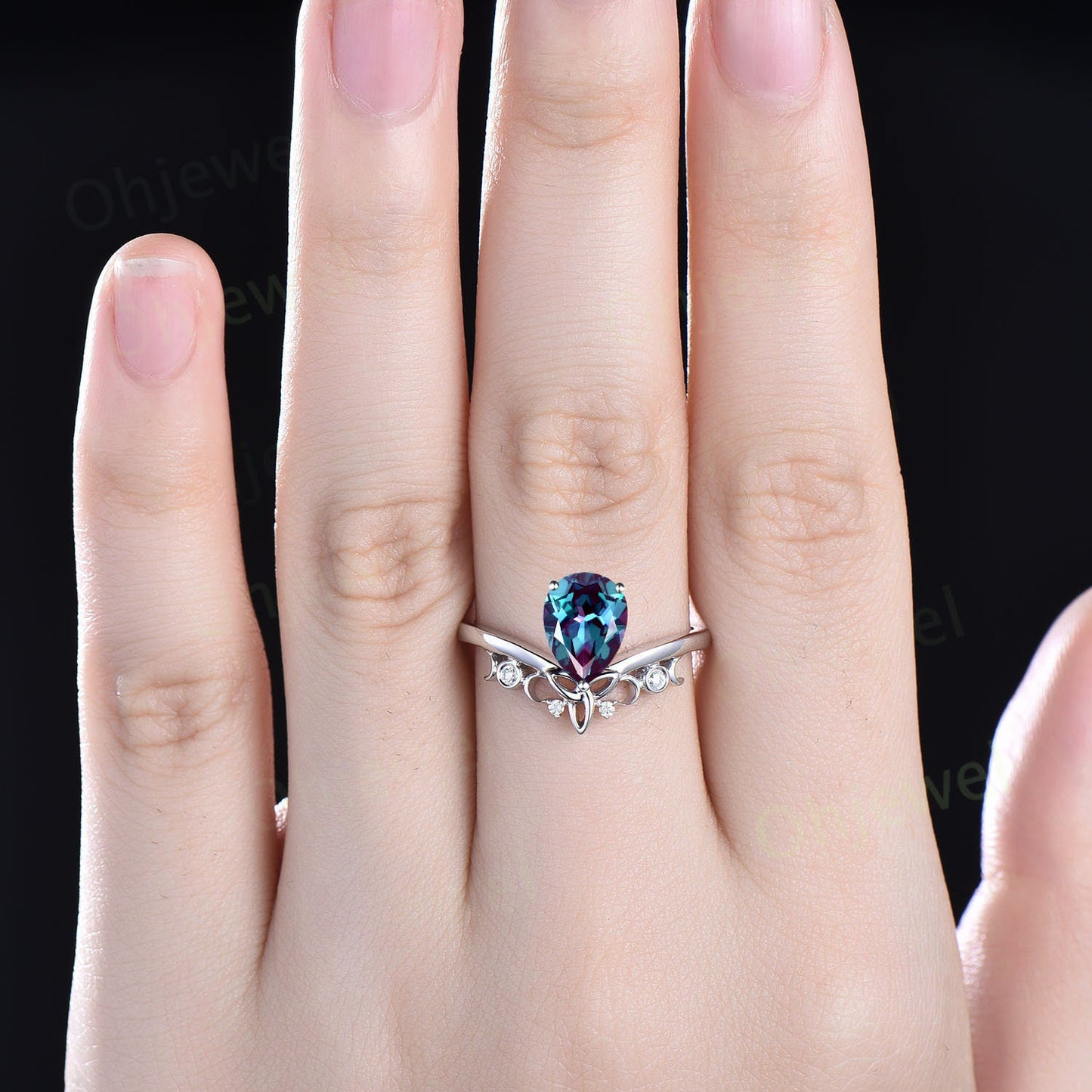 Unique promise ring set pear shaped Alexandrite engagement ring set 14k rose gold vintage diamond ring set women cluster marquise cut ring