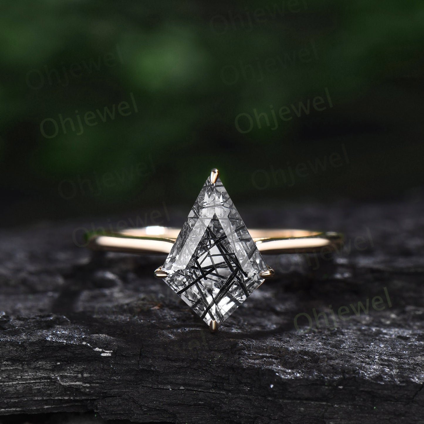 Vintage kite cut Black Rutilated Quartz engagement ring set yellow gold dainty moissanite ring unique Solitaire promise wedding ring women