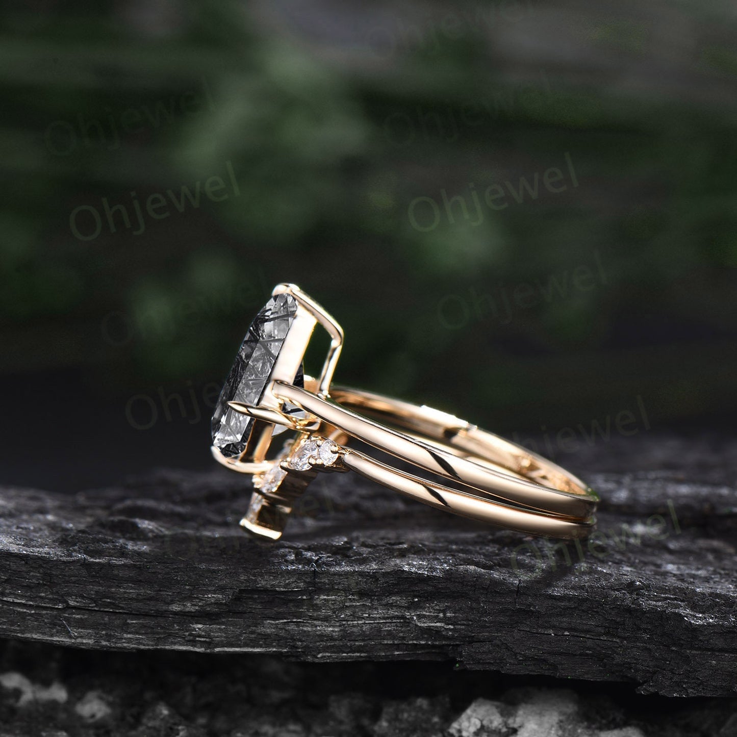 Vintage kite cut Black Rutilated Quartz engagement ring set yellow gold dainty moissanite ring unique Solitaire promise wedding ring women