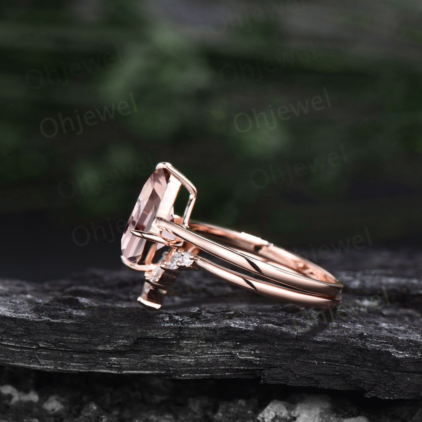 Vintage kite cut Morganite engagement ring set 14k rose gold marquise cut moissanite ring unique Solitaire promise wedding ring for women