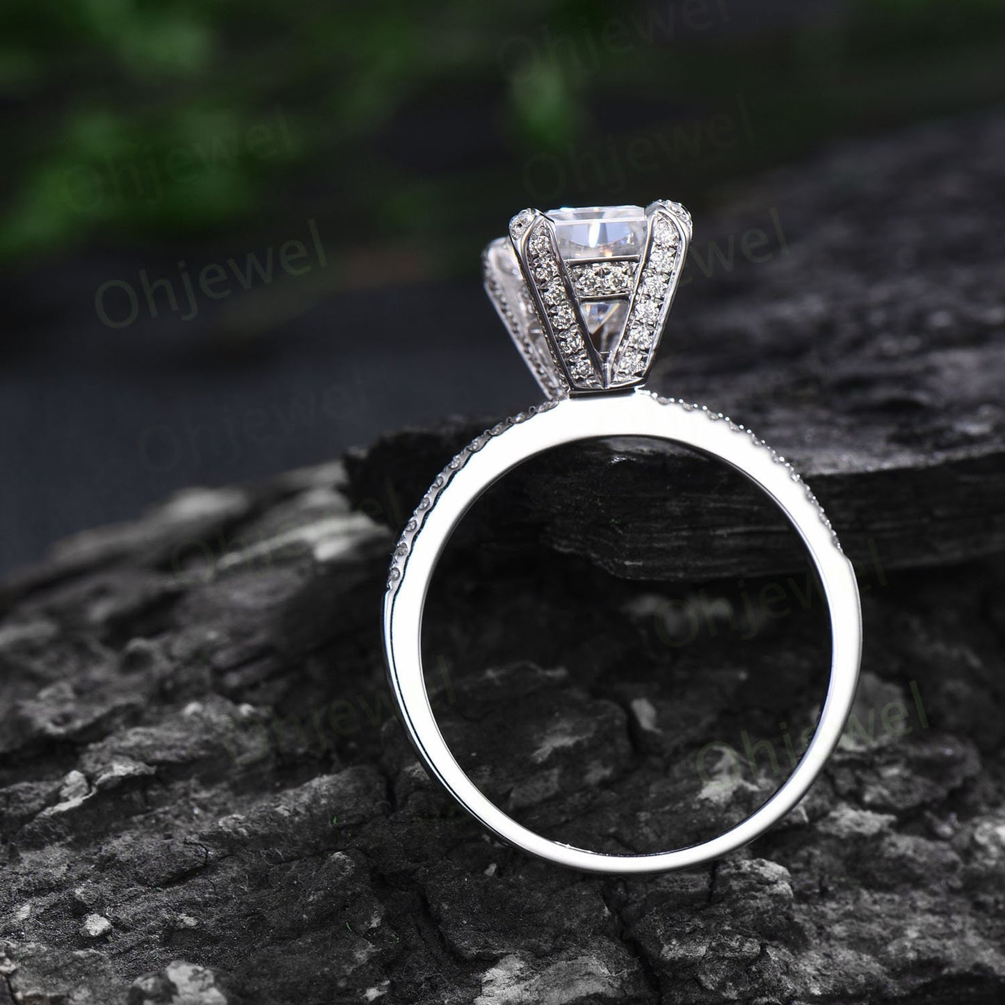 Unique emerald cut green moss agate engagement ring solid 14k white gold half eternity vintage basket prong set diamond ring women jewelry