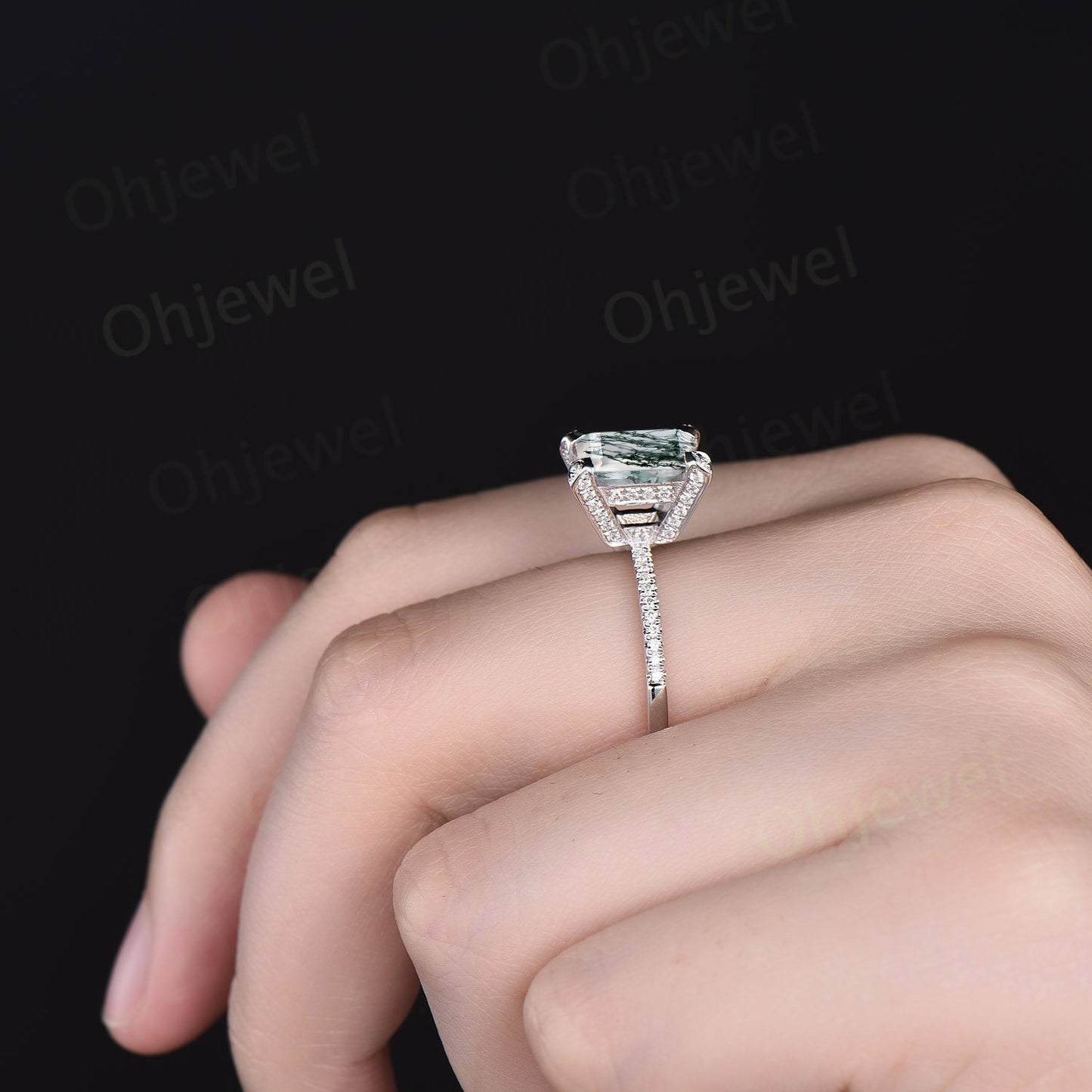 Unique emerald cut green moss agate engagement ring solid 14k white gold half eternity vintage basket prong set diamond ring women jewelry