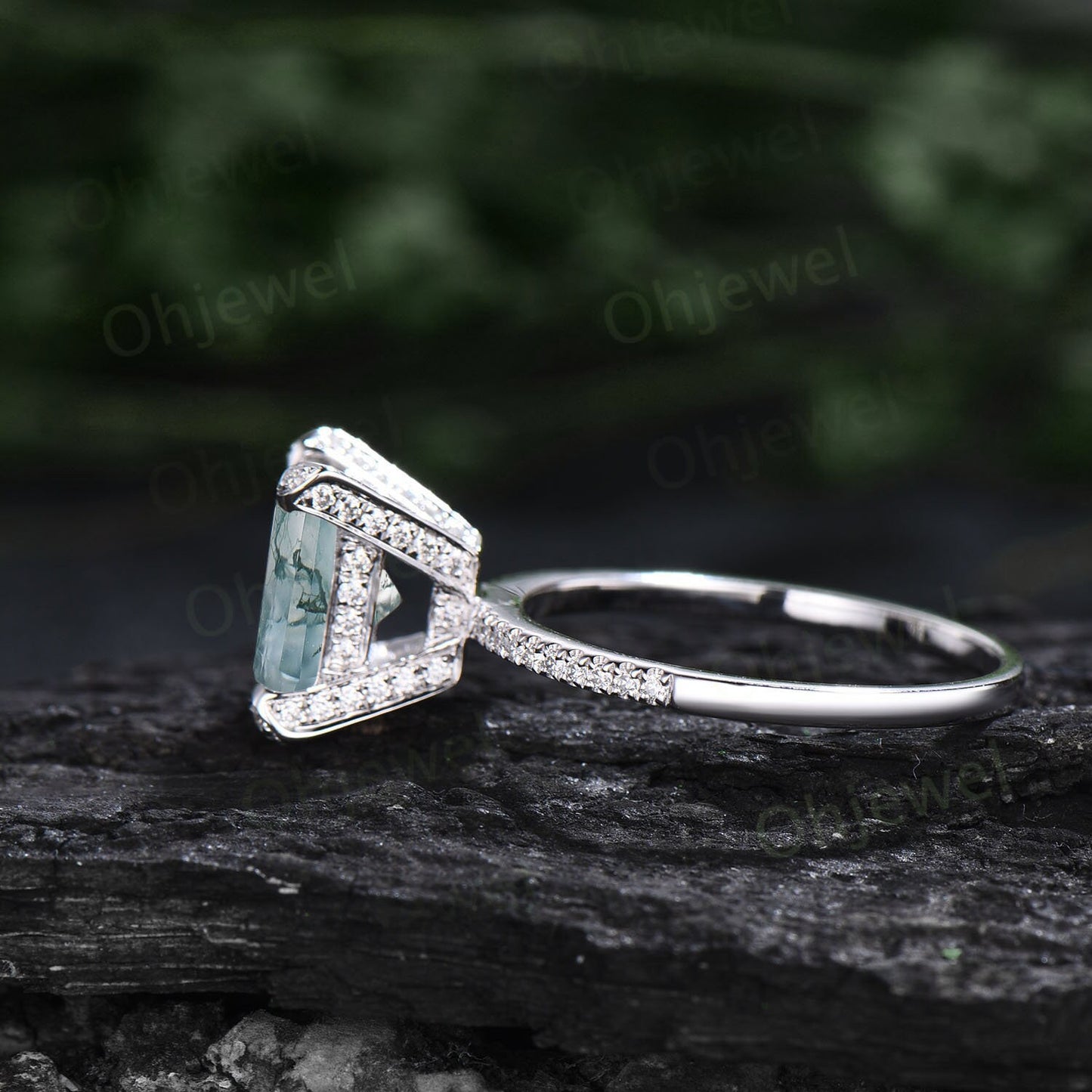 Unique emerald cut green moss agate engagement ring solid 14k white gold half eternity vintage basket prong set diamond ring women jewelry
