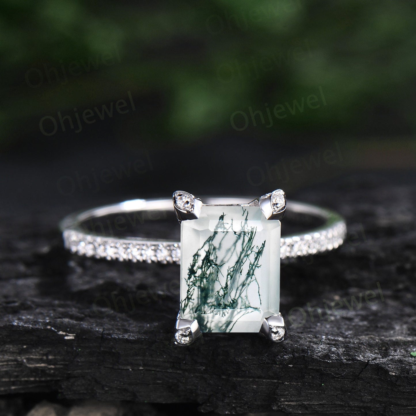 Unique emerald cut green moss agate engagement ring solid 14k white gold half eternity vintage basket prong set diamond ring women jewelry