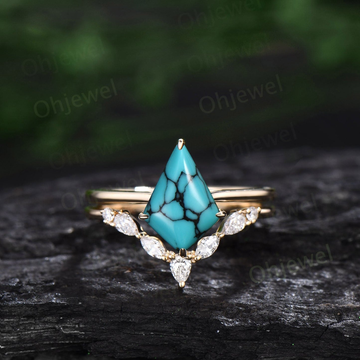 Kite natural Turquoise ring gold vintage unique engagement ring set Solitaire bridal wedding ring set women marquise moissanite ring gift