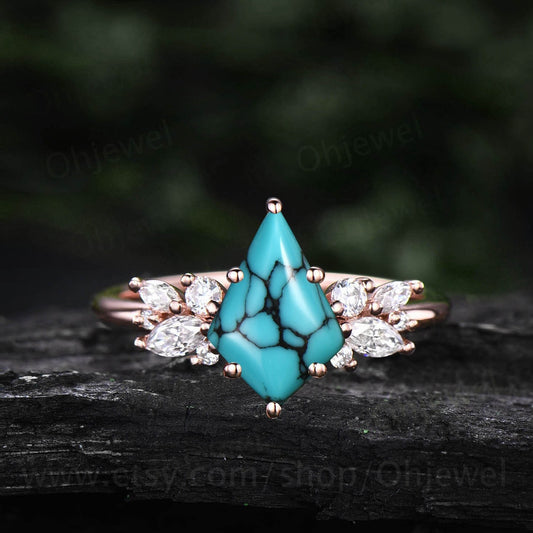 Kite natural Turquoise ring gold vintage unique engagement ring 6 prong cluster marquise cut diamond promise wedding ring for women gift