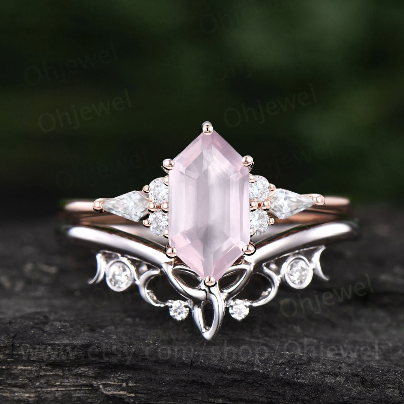 Unique hexagon cut rose quartz engagement ring set rose gold kite