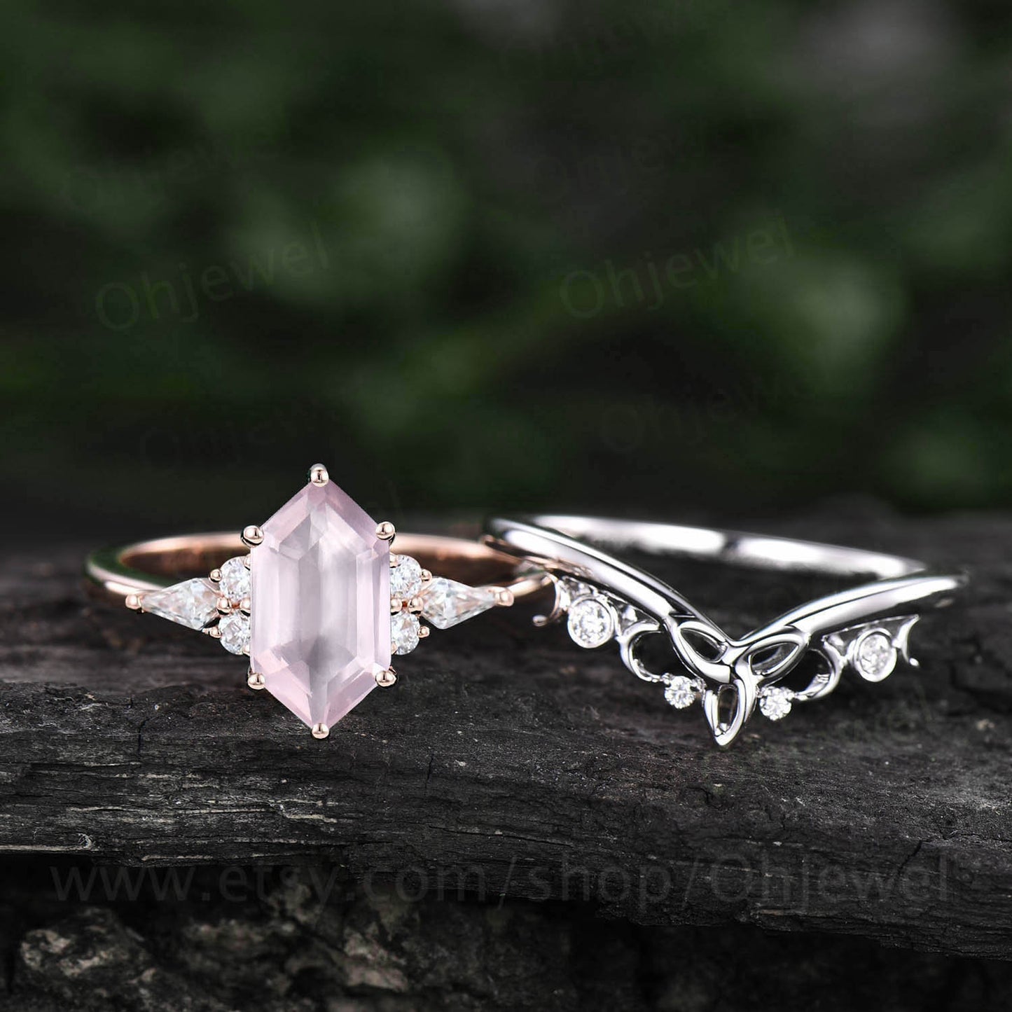 Unique hexagon cut rose quartz engagement ring set rose gold kite cut moissanite ring stacking wedding bridal ring set women gift for her