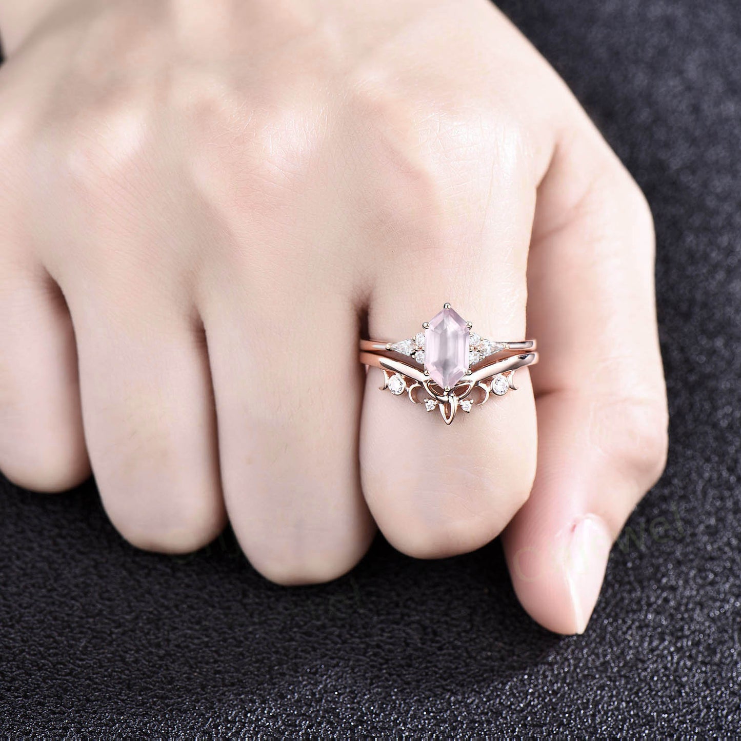 Unique hexagon cut rose quartz engagement ring set rose gold kite cut moissanite ring stacking wedding bridal ring set women gift for her
