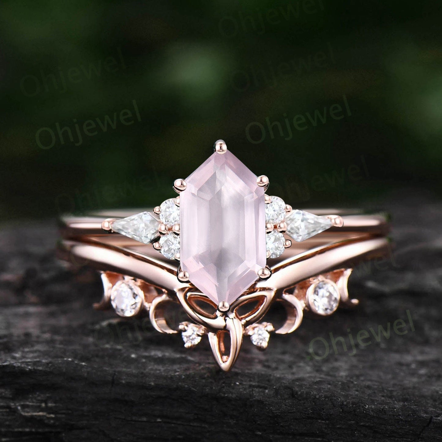 Unique hexagon cut rose quartz engagement ring set rose gold kite cut moissanite ring stacking wedding bridal ring set women gift for her
