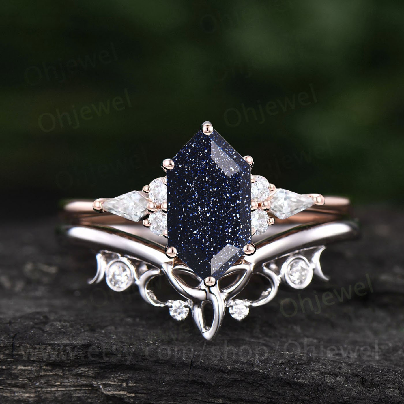 Hexagon cut blue goldstone ring vintage blue sandstone engagement ring set solid 14k gold kite moissanite anniversary ring set women gift