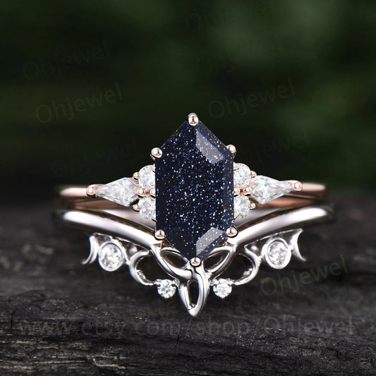 Hexagon cut blue goldstone ring vintage blue sandstone engagement ring set solid 14k gold kite moissanite anniversary ring set women gift