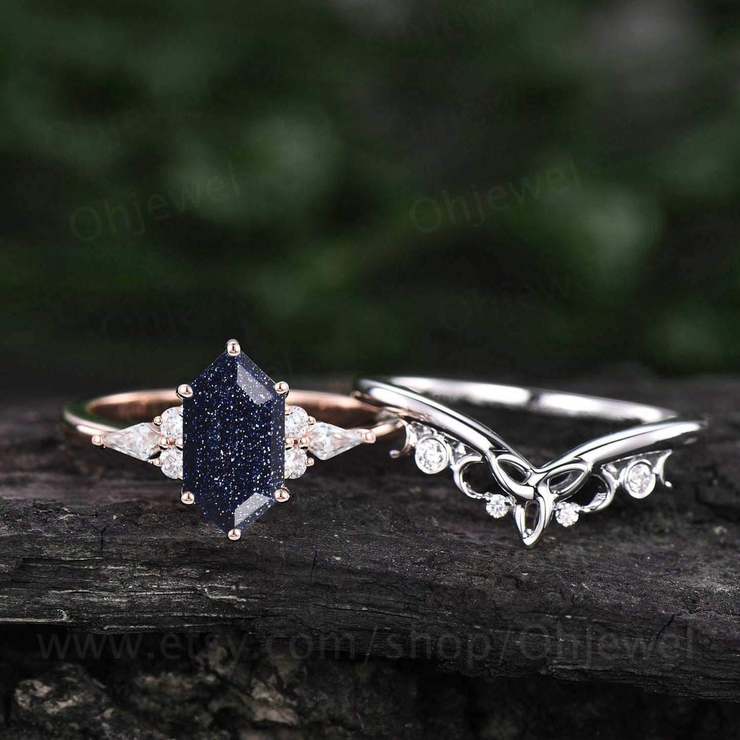 Hexagon cut blue goldstone ring vintage blue sandstone engagement ring set solid 14k gold kite moissanite anniversary ring set women gift