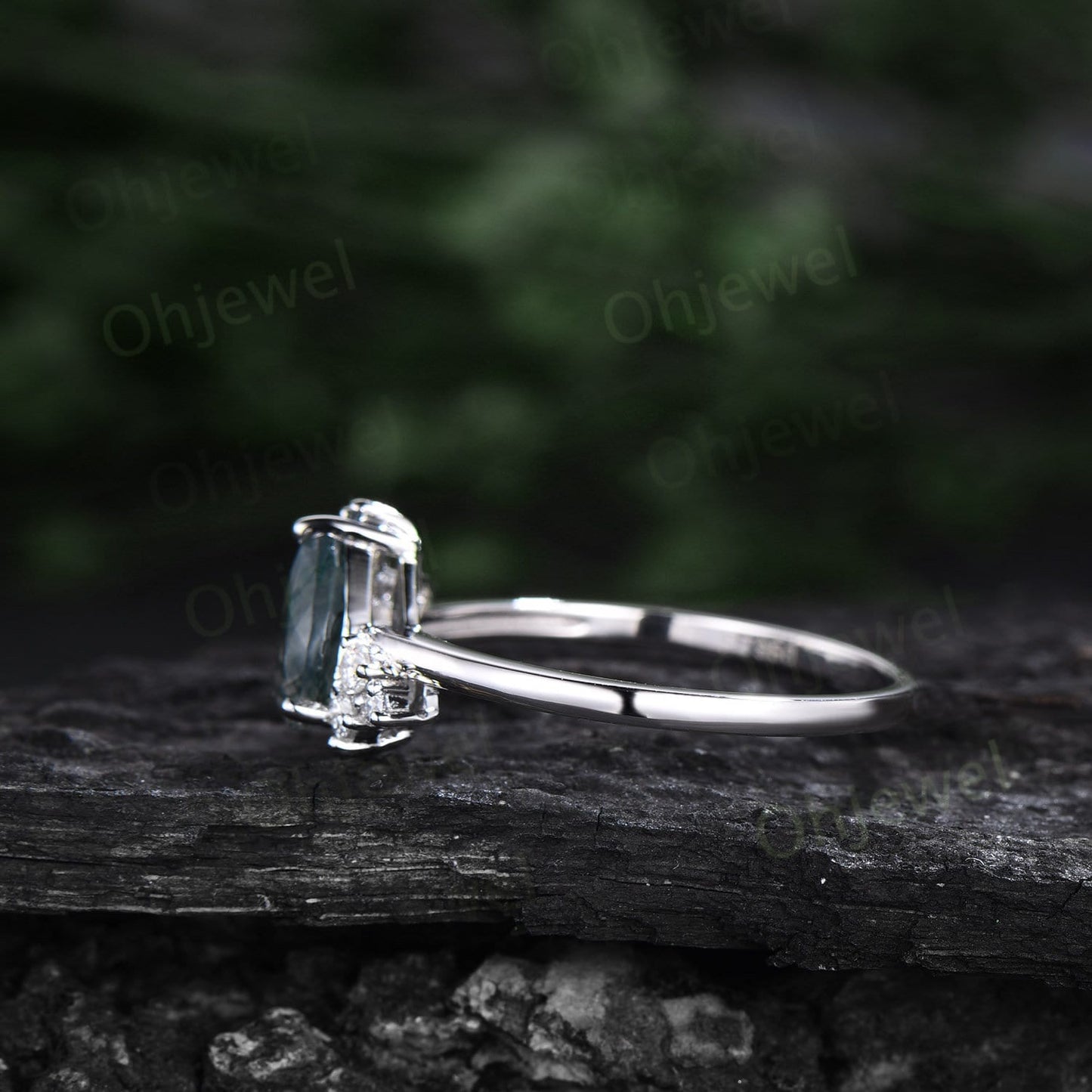 Pear shaped green moss agate ring rose gold vintage unique engagement ring cluster alexandrite ring marquise cut diamond wedding ring women