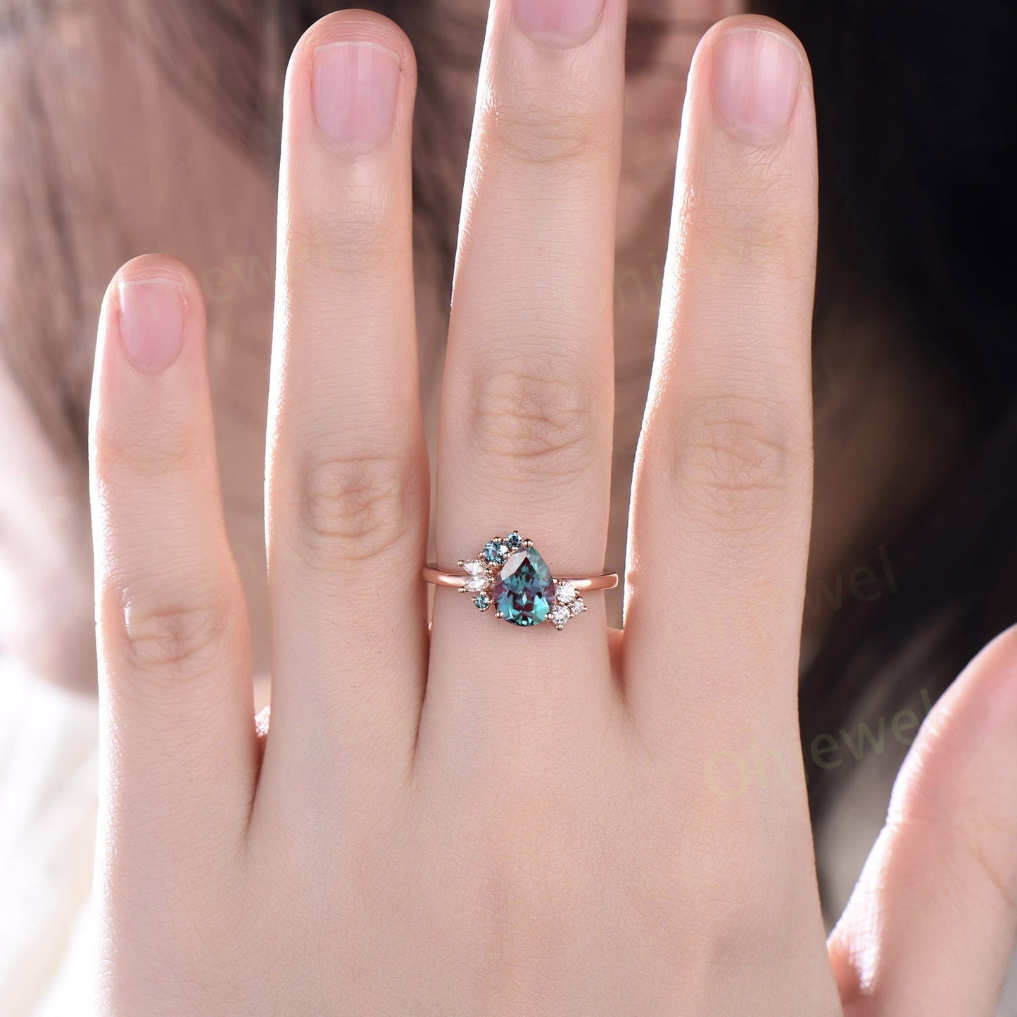 Pear shaped alexandrite ring rose gold vintage unique engagement ring dainty cluster marquise cut diamond anniversary wedding ring for women