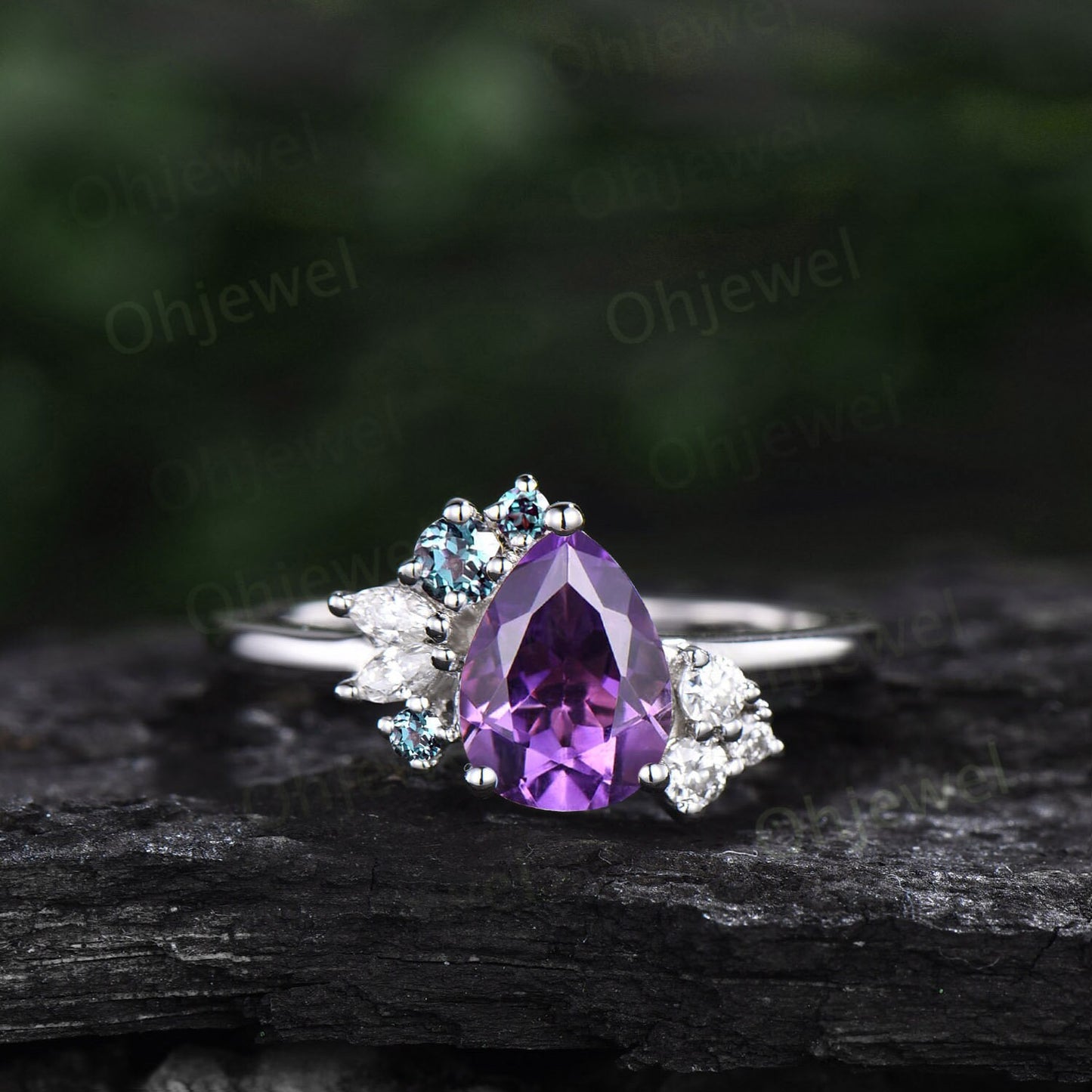 Pear shaped purple Amethyst ring rose gold vintage unique engagement ring cluster alexandrite ring marquise diamond anniversary ring women