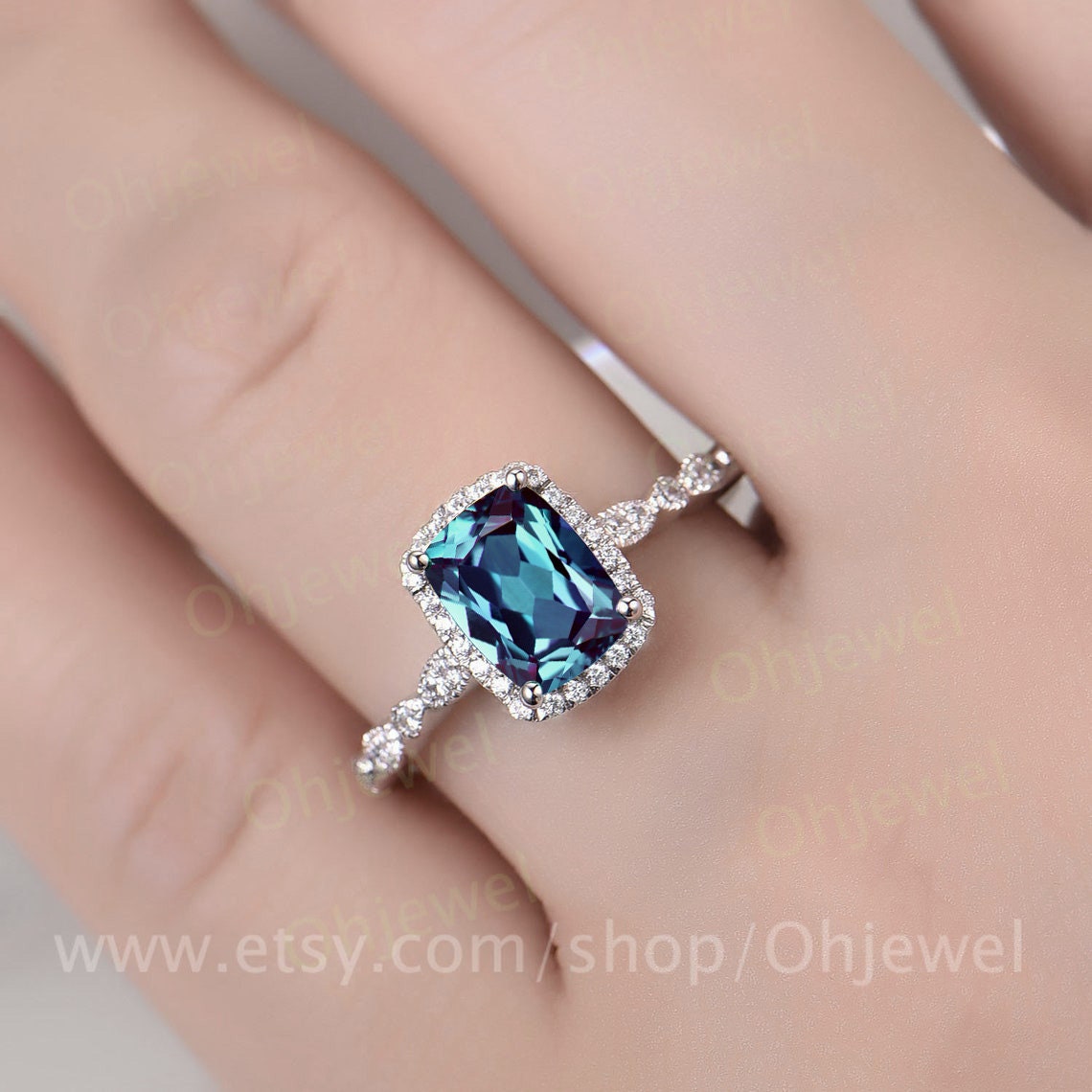 Vintage cushion cut alexandrite engagement ring white gold halo art deco half eternity diamond ring unique promise wedding ring for women