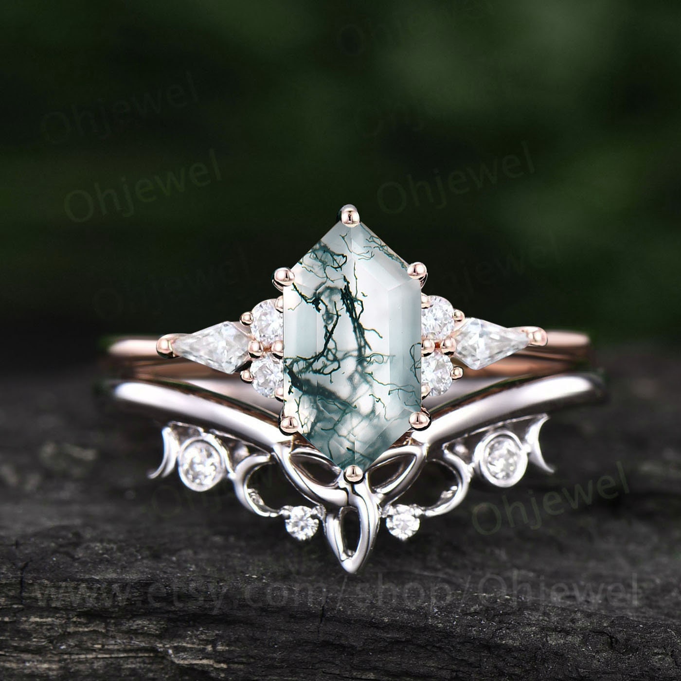 Hexagon Green Moss Agate Ring Set Gold Silver Vintage Unique 